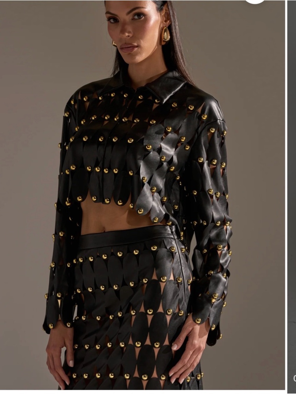 ✨AKIRA Black Cropped Studded Scalloped Leather-Look Shirt✨ - Picture 5 of 14